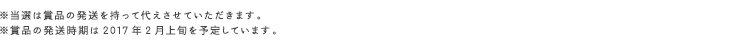 ※当選は賞品の発送を持って代えさせていただきます。※賞品の発送時期は2017年2月上旬を予定しています。