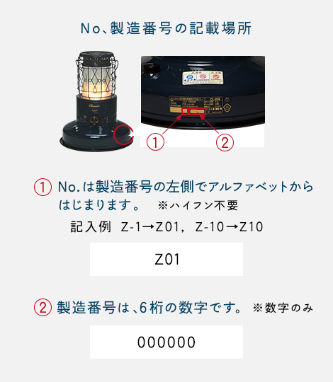 No、製造番号の記載場所／(1)No.は製造番号の左側でアルファベットからはじまります。 ※ハイフン不要 (2)製造番号は、6 桁の数字です。 ※数字のみ
